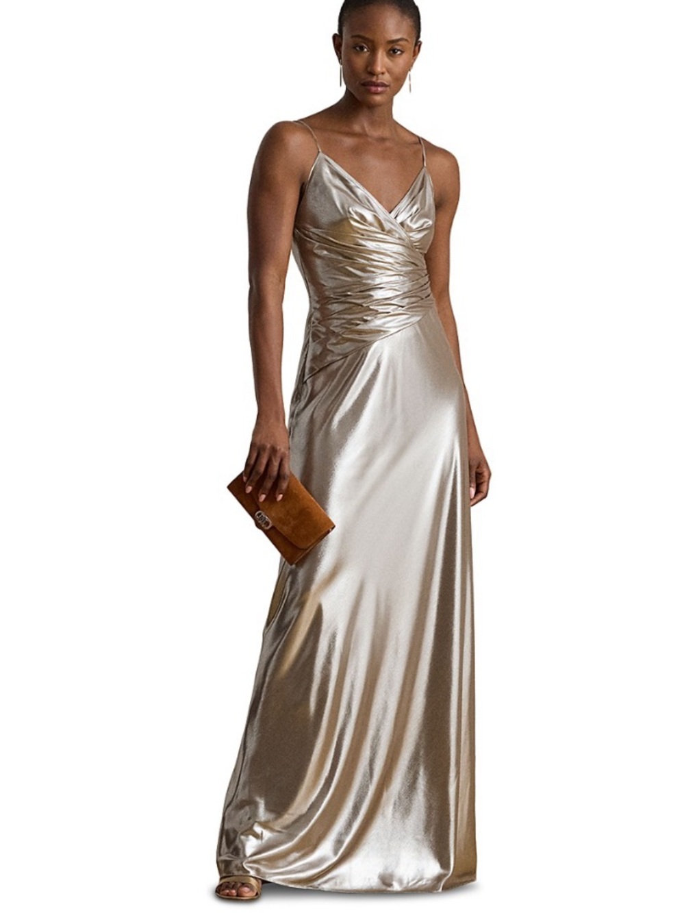 Lauren Ralph Lauren Metallic Chiffon Sleeveless Gown Taupe Silver Sz 10